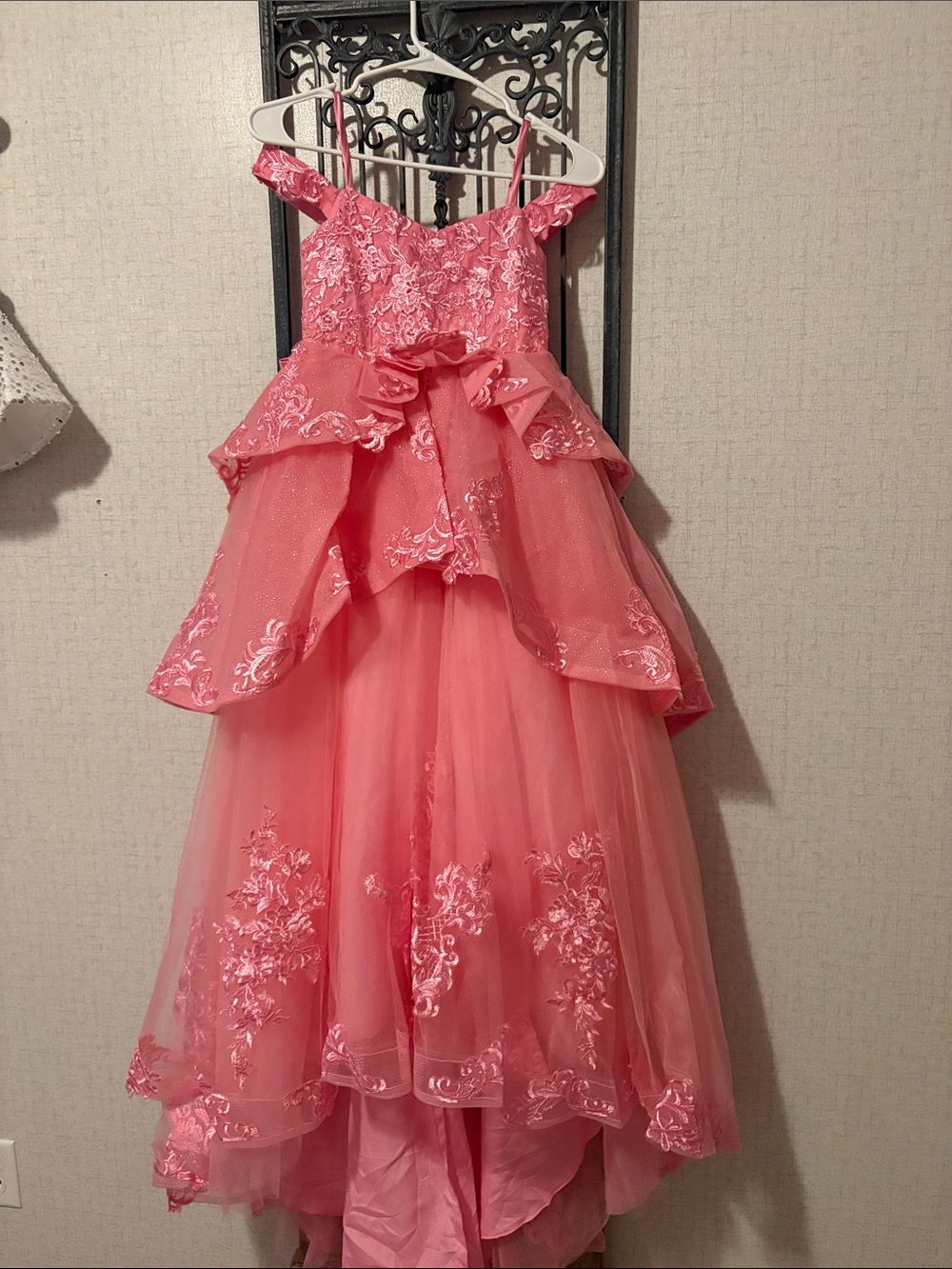 Girls' Ruffled Lace Tulle Party Dress in Coral Pink
